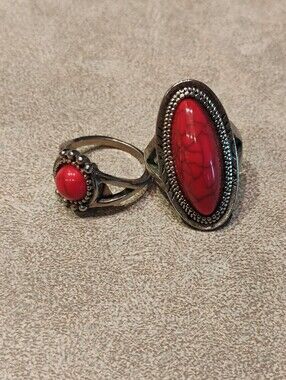 Red Turquoise Stone Set Sterling Overlay Style Oval and Round Ring